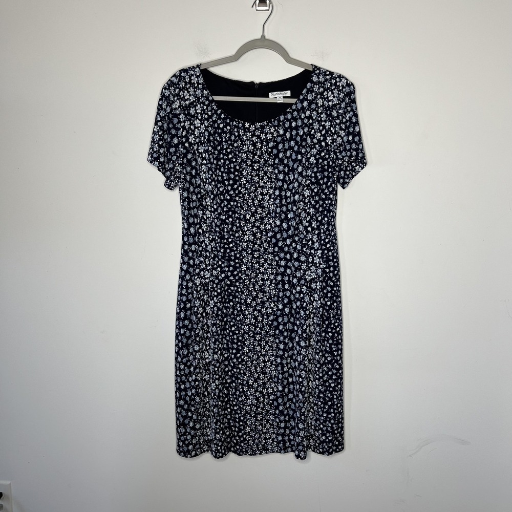 NorthStyle Dress Womens 12 Navy Blue Floral Short Sleeve Lined Back‎ Zip A-Line